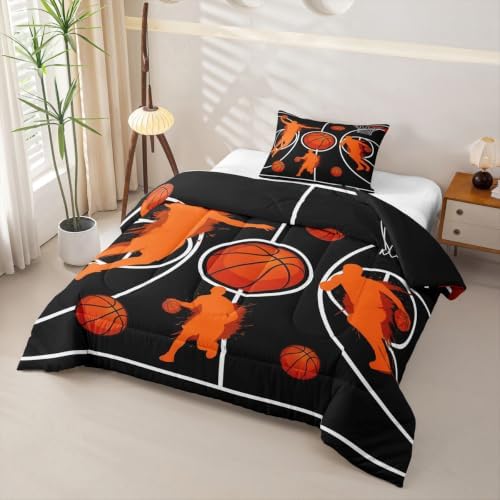 Basketball Court Comforter Set Twin Size,Ball Sport Games Theme Bed in a Bag 2Pcs for Kids Girls Boys Teens Room Decor,Basketball Hoop Sports Duvet Insert Geometric Lines Down Comforter,1 Pillowcase