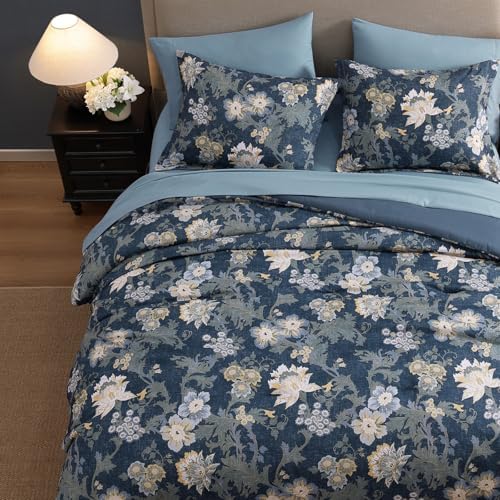 BLOOMHAVEN King Size Comforter Set-7 Pieces Blue Floral Bed in a Bag King