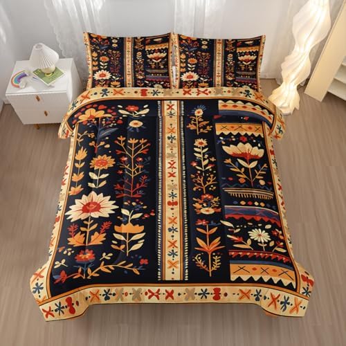 Nttopship Boho Floral Comforter Bedding Set with 2 Pillowcase Full Size Retro Dark Floral Comforter Set for Kids Boys Girls Bedroom Decor