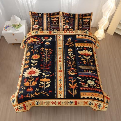 Nttopship Boho Floral Comforter Bedding Set with 2 Pillowcase Full Size Retro Dark Floral Comforter Set for Kids Boys Girls Bedroom Decor