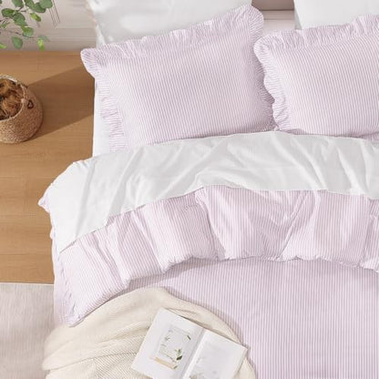 Andency Grey Pink Striped Full Ruffle Comforter Set, 3 Pieces