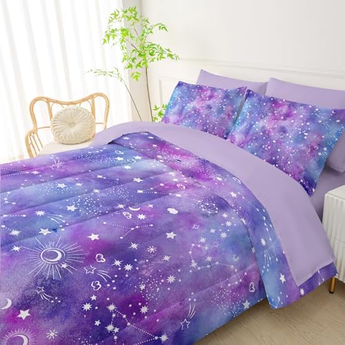 QOOMO Purple Galaxy 7 Pieces Comforter Set Twin,Constellation Bedding Set