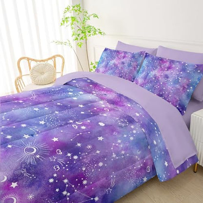 QOOMO Purple Galaxy 7 Pieces Comforter Set Twin,Constellation Bedding Set
