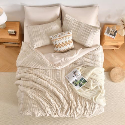 DHSFKBE Beige Tufted Comforter Set Queen Size 7 Piece Bed in a Bag，Shabby Chic Boho Bedding for Bedroom Comforter，All Season Soft Microfiber Ruffle Comforter Set with Pillow and Sheets
