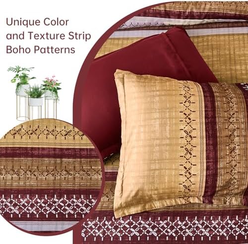Dintszyayue Burgundy King Comforter Size Set, 8 Pieces Boho Striped Texture Bed in a Bag Sets, Lightweight Soft Bohemian Comforter and Sheet Set, All Season Microfiber Bedding Sets for Men Women