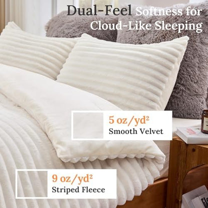 Sasttie Fluffy Full Comforter Set, 3 PC Soft Fleece Bedding, Cream White