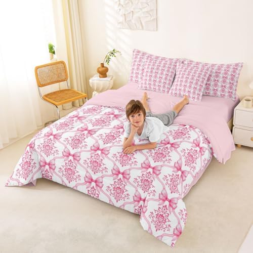 Erosebridal Pink Bow Decor Victorian King Size Comforter Set with Sheets | Antique Damask 7-Piece Bedding Set Gothic Baroque Floral Bow Bed in a Bag, Bohemian Bowknot Bed Sets