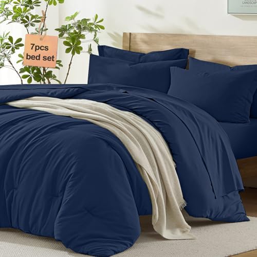 Homelike Moment King Size Comforter Set - 7 Piece Navy Bed in a Bag