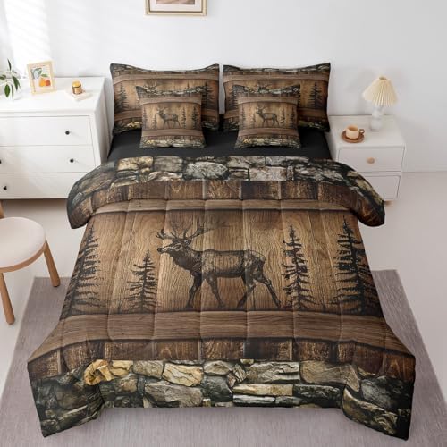 Erosebridal Deer Moose Bed in A Bag 7 Piece Twin Rustic Cabin Lodge Comforter Set for Kids Adults Woodland Hunting Wildlife Animal Bedding Country Farmhouse Bedding Comforter Sets Brown