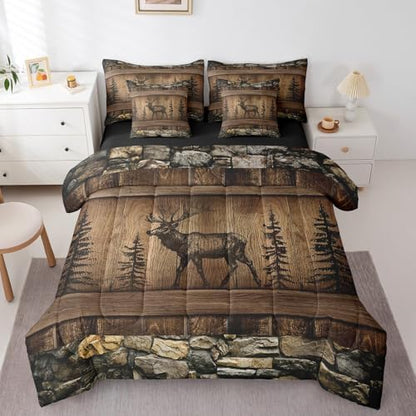 Erosebridal Deer Moose Bed in A Bag 7 Piece Twin Rustic Cabin Lodge Comforter Set for Kids Adults Woodland Hunting Wildlife Animal Bedding Country Farmhouse Bedding Comforter Sets Brown