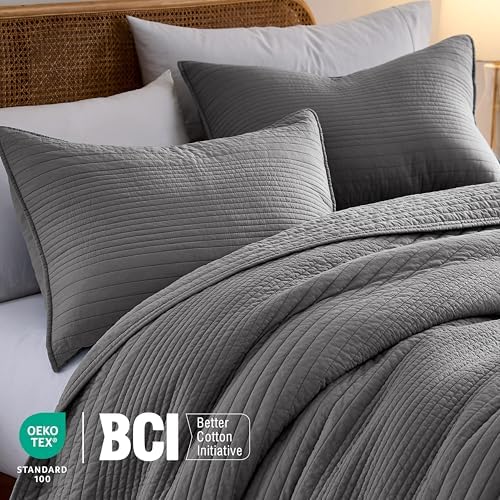 palassio Striped Dark Grey 100% Cotton Quilt Queen Size Bedding Sets, Lightweight Crinkly Channel Pick Stitch Textured Bedspread Soft Shabby Chic Farmhouse Country Coverlet for All Season, 2 Shams