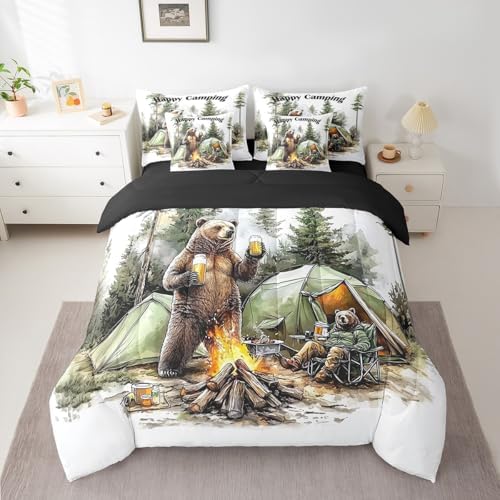 Erosebridal 7 Piece RV Bunk Twin Bedding Set for Camper,Camping Bear Themed Comforter Set for Kids Boys Girls,Travel Trailer Tent Decor Woodland Forest Animals Bed Set with Sheets,Pillowcases