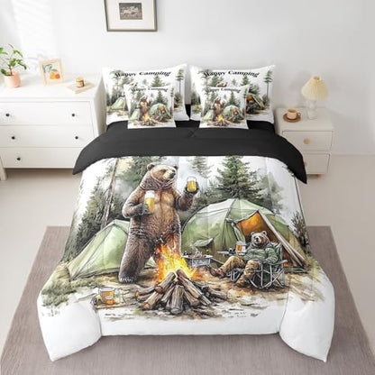 Erosebridal 7 Piece RV Bunk Twin Bedding Set for Camper,Camping Bear Themed Comforter Set for Kids Boys Girls,Travel Trailer Tent Decor Woodland Forest Animals Bed Set with Sheets,Pillowcases