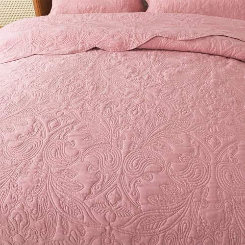 HoneiLife Quilt Sets King Size - 3 Piece Microfiber Quilt Set Lightweight Bedspreads Reversible Coverlets Rustic Bed Cover King Quilt Bedding Set All Season Quilts-Pink
