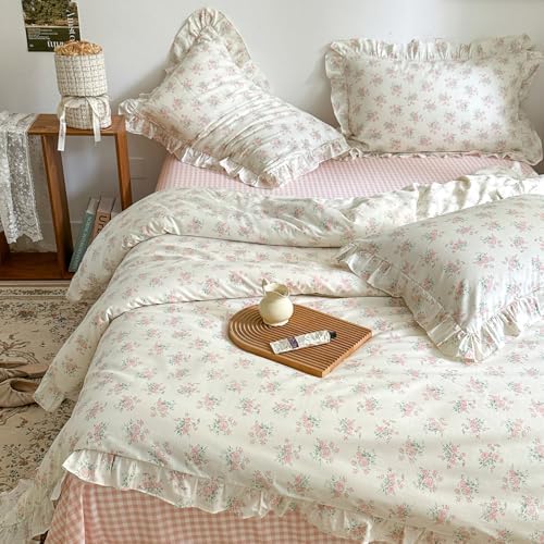 mixinni Pink Floral Duvet Cover Set Full Size - 100% Cotton Ruffle Lace Bedding Set for Girls, Romantic Cottagecore Style Duvet Cover with Zipper Closure, Soft Aesthetic Princess Bedding-Full