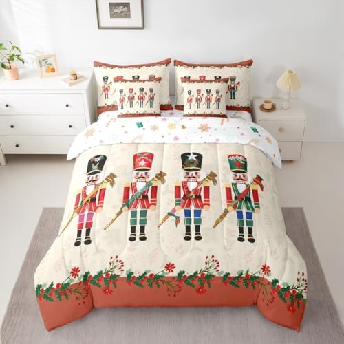 Erosebridal Nutcracker 7 Piece Bedding Set King Soldier Comforter Set with Sheets Xmas Holiday Bed in a Bag Christmas Red Flowers Cute Cartoon Bed Sets Comforter