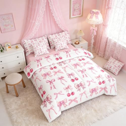 White Cherry Bow Full Size Bed Sheets and Comforter Set, Cute Silk Ribbon Bowknot 7 Piece Bedding Set Princess Bow Tie Bed in a Bag, Dreamy Kawaii Room Decor,Girly Light Pink Room Decor Aesthetic