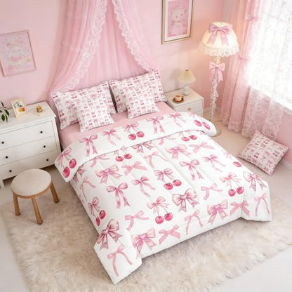 White Cherry Bow Full Size Bed Sheets and Comforter Set, Cute Silk Ribbon Bowknot 7 Piece Bedding Set Princess Bow Tie Bed in a Bag, Dreamy Kawaii Room Decor,Girly Light Pink Room Decor Aesthetic