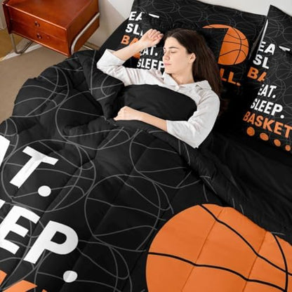 Erosebridal Boys Basketball Gaming Theme Comforter Set Queen Size 7 Pieces | Sports Kids Teens Bed in A Bag Games Pattern Bed Set Black Grey Bedding