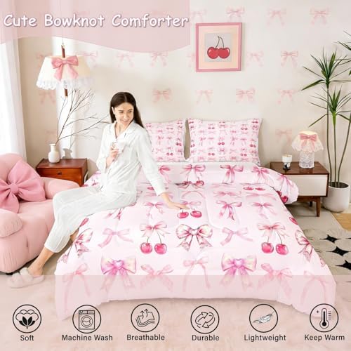 Pink Cherry Bow Bed in a Bag Queen Comforter Set 7 Piece,Cute Silk Ribbon Bowknot Bedding Set,Princess Bow Tie Comforter and Sheet Set Dreamy Kawaii Bed Set,Girly Light Pink Room Decor Aesthetic