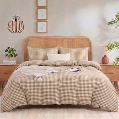 NEXHOME PRO Tan Gingham Duvet Cover King, 100% Washed Cotton Like Linen Feel Organic Natural Bedding Set 3 Piece Brown Vintage Plaid Checkered Comforter Cover Set (No Comforter) 10490