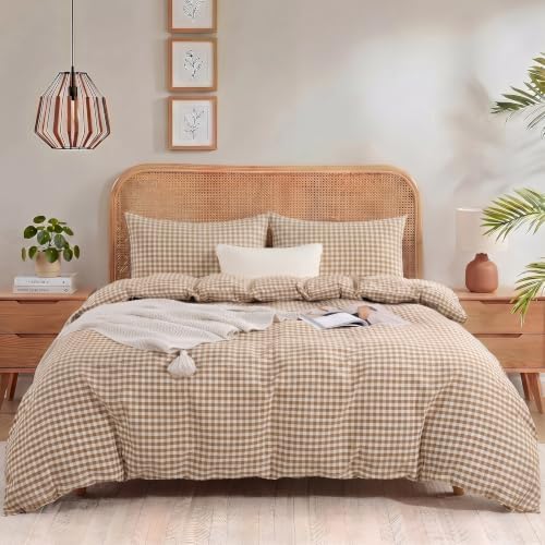 NEXHOME PRO Tan Gingham Duvet Cover Queen, 100% Washed Cotton Like Linen Feel Organic Natural Bedding Set 3 Piece Brown Vintage Plaid Checkered Comforter Cover Set (No Comforter) 9090