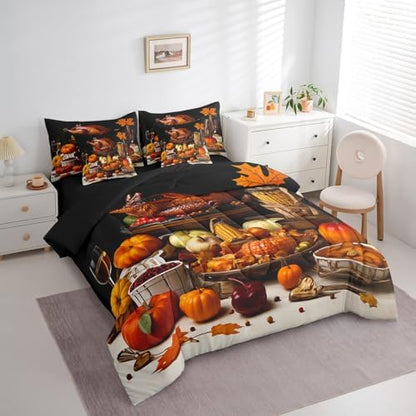 Erosebridal Thanksgiving Harvest Bed in A Bag with Sheets Full Roast Chicken Pumpkin Corn 7 Piece Comforter Set Fall Food Bedding Set,Autumn Maple Leaves Bedding Comforter Sets