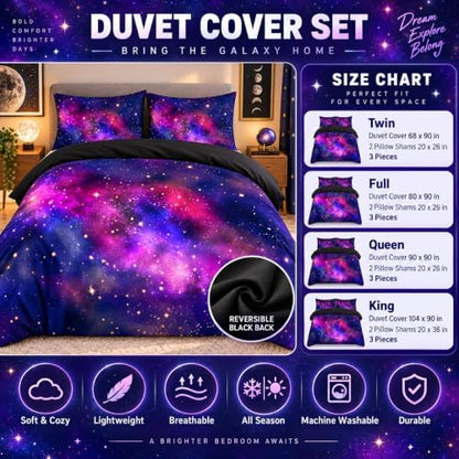 Galaxy Duvet Cover Space Bedding Set Twin Size for Teen Kids, for Boys and Girls Purple Bed Set Printed with 1 Comforter Cover and 2 Pillowcases