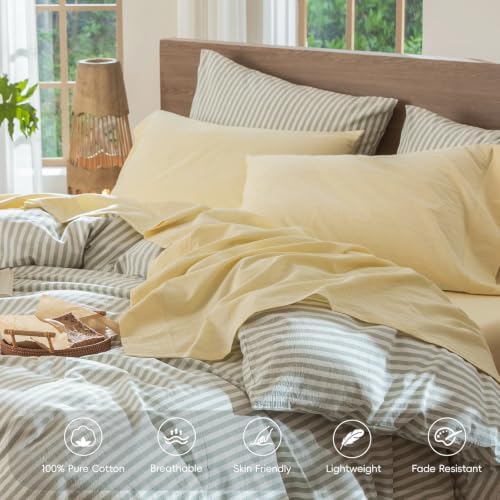 MooMee Sheet Set 100% Washed Cotton Linen-Like Extra Deep Pocket Queen