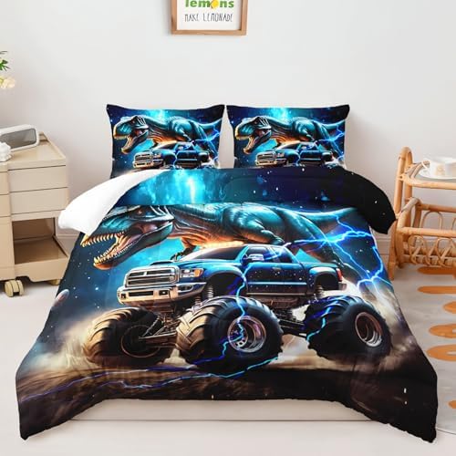 AILONEN Kids Dinosaur Comforter Monster Truck Bedding Twin Size,3D Space Galaxy Dinosaur Comforter Set,Monster Bedding for Boys,3-Piece,1 Comforter + 2 Pillowcases
