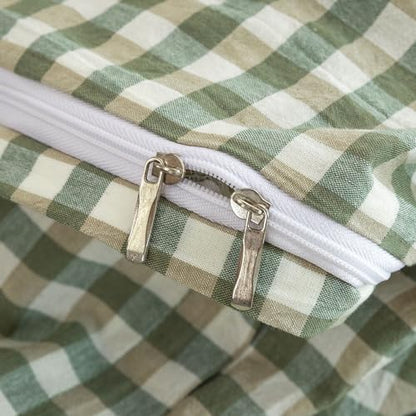 Mucalis Green Gingham Duvet Cover Queen 100% Washed Cotton Tan Plaid Checkered Vintage Grid 3 Piece Bedding Set with Zipper Closure Corner Ties,Durable,Breathable,Easy Care
