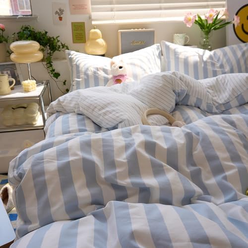 LifeTB Blue Striped Comforter Set King, Vintage Blue White Stripes Pattern Printed Comforter with 2 Pillowcases, Breathable Soft Lightweight Bedding Comforter Boho Farmhouse Striped Comforter Set