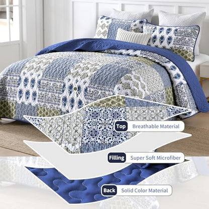 Mybedsoul Boho Quilt King Size, Patchwork Floral Bedding Set, Aqua Blue