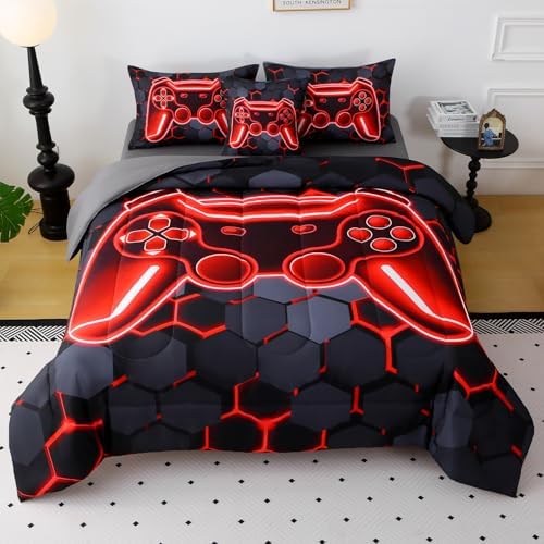 JQinHome Full Size Gaming Bedding Set 6-Piece Comforter for Boys Teens - 3D Video Game Print Bed in a Bag with Sheets, Red Cool Black Design (Full)
