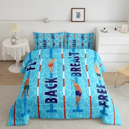 Homewish Swimming Bedding Sets Full Size,3D Blue Swimming Pool Comforter Set 3Pcs,Swimmer Quilted Duvet for Kids Girls Boys Teens Room Decor,Swim Sports Lover Down Comforter,2 Pillowcases