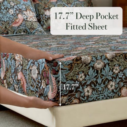 FADFAY Cal King 100% Egyptian Cotton Sheets Set 4 Piece, Luxury Soft Breathable Cooling Bed Sheets, Deep Pocket Hotel Quality Bedding for Hot Sleepers, Botanical Floral Bird Print All Season Comfort