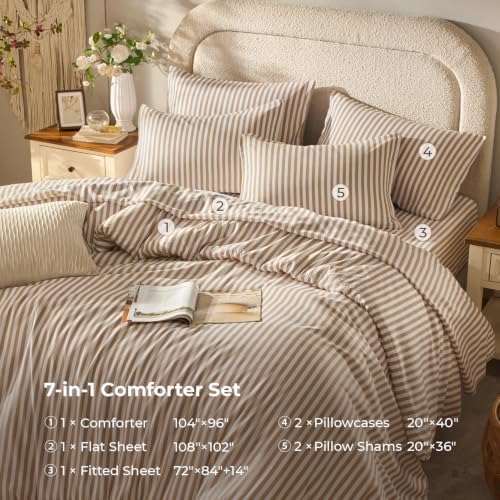 Litanika California King Comforter Set 7 Pieces Tan White Striped