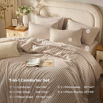 Litanika California King Comforter Set 7 Pieces Tan White Striped