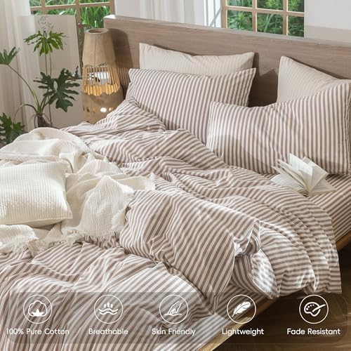 MooMee Striped Duvet Cover Set 100% Washed Cotton Linen Like Super King