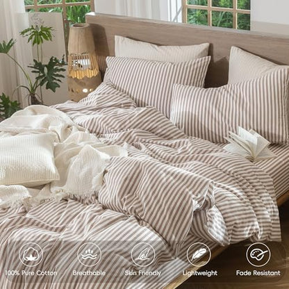 MooMee Striped Duvet Cover Set 100% Washed Cotton Linen Like Super King
