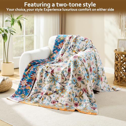 VANJOROY Boho Throw Blanket, 100% Organic Cotton Breathable Skin-Friendly Ultra Soft 60" x 80" Bed Quilt Throw - Floral Rustic Decor Luxury Reversible Blanket for Sofa Couch Chair and Gift,