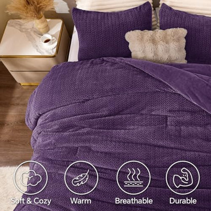 ChiXpace Fleece Twin Size Comforter Set Purple, Fluffy Bed Set 2 Pieces