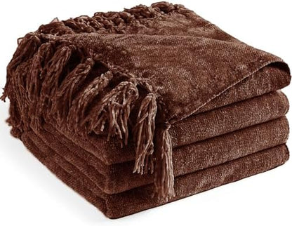 Chenille Throw Blanket for Couch 50" x 60", Dark Brown