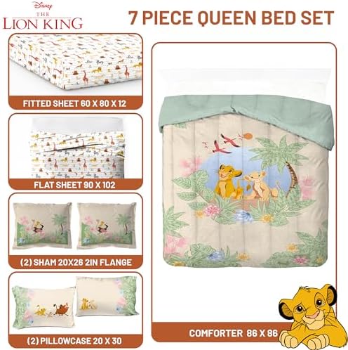 Disney Lion King Simba Queen Comforter Set 7 Piece Kids Bedding, Multi