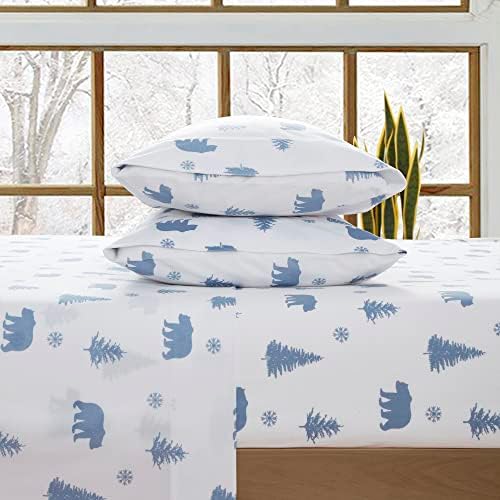 Flannel Sheets Warm and Cozy Deep Pocket Breathable All Season Bedding Set with Fitted, Flat and Pillowcases, Queen, Winter Bears