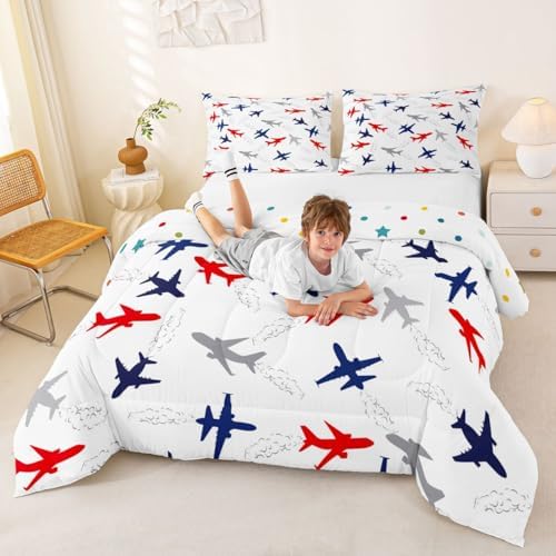 Feelyou Aircraft Flying Comforter Set Full Size Airplane Print Bedding Set for Kids Boys Girls Air Transport Duvet Quilt Bedroom Decor Microfiber 3 Pcs with 2 Pillow Cases