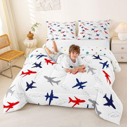 Feelyou Aircraft Flying Comforter Set Full Size Airplane Print Bedding Set for Kids Boys Girls Air Transport Duvet Quilt Bedroom Decor Microfiber 3 Pcs with 2 Pillow Cases
