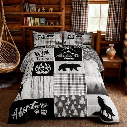 Manfei Deer Bear Comforter Set Twin Size,Pine Trees Christmas Bedding Set for Kids Boys Girls Adults Room Decor,Camping Adventure Rustic Farmhouse Down Comforter,Black Retro Duvet Insert,1 Pillowcase