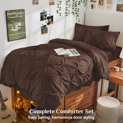 JOLLYVOGUE Twin Comforter Set 5 Pieces - Bed in a Bag Twin for All Season, Pintuck Bedding Comforter Sets with Comforter, Flat Sheet, Fitted Sheet and Pillowcases & Shams, Dark Brown
