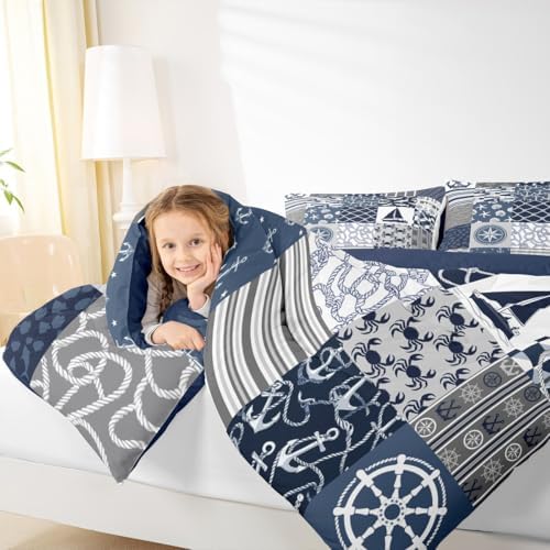 Castle Fairy Nautical Themed Checkered Bedding Comforter Twin Size Ocean Adventure Comforter Set for Kids Boys Teens,Navy Blue Rudder and Boat Anchor Quilted Duvet Patchwork Stripes Duvet Insert 2pcs
